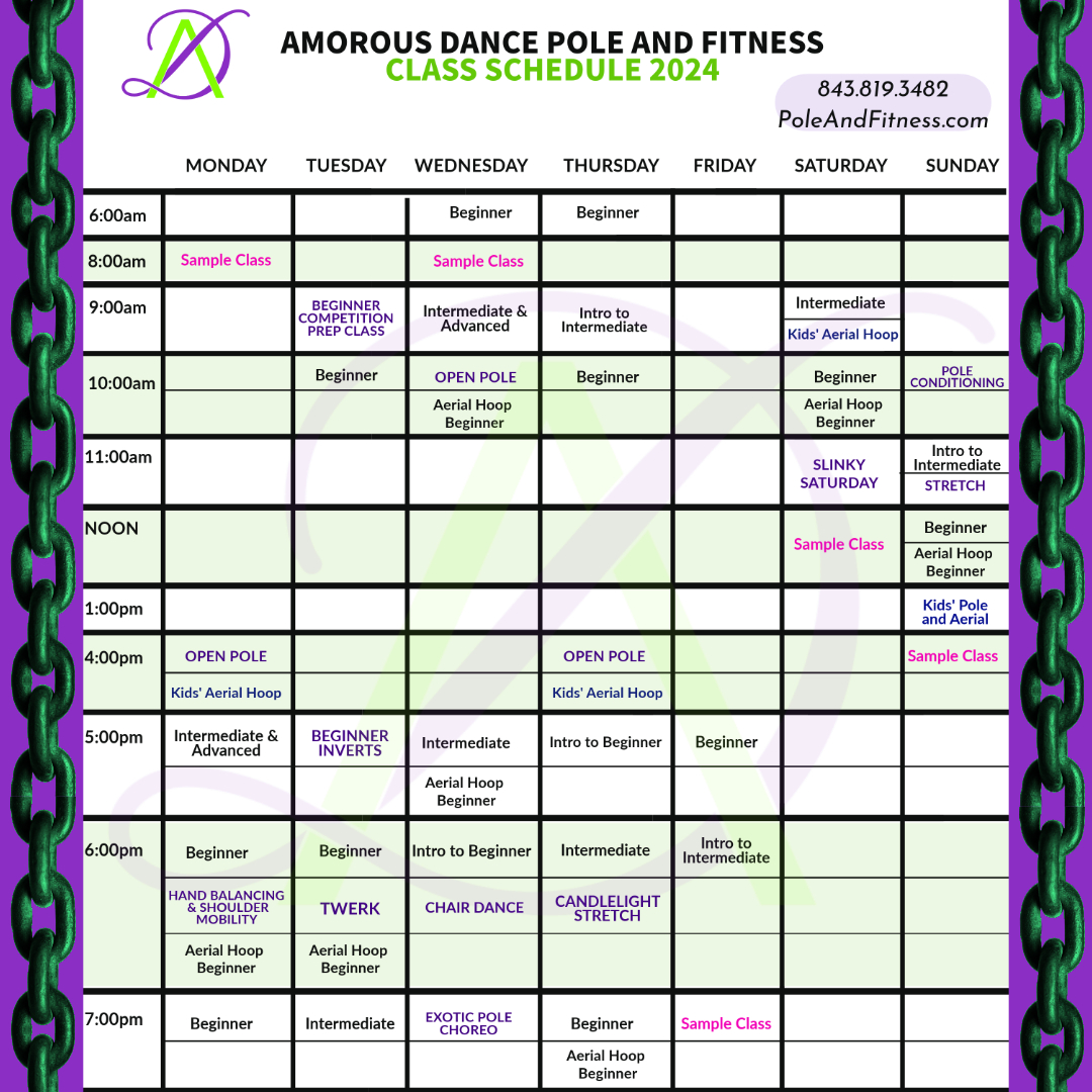 2024 Schedule for Amorous Dance Pole and Fitness Studio
