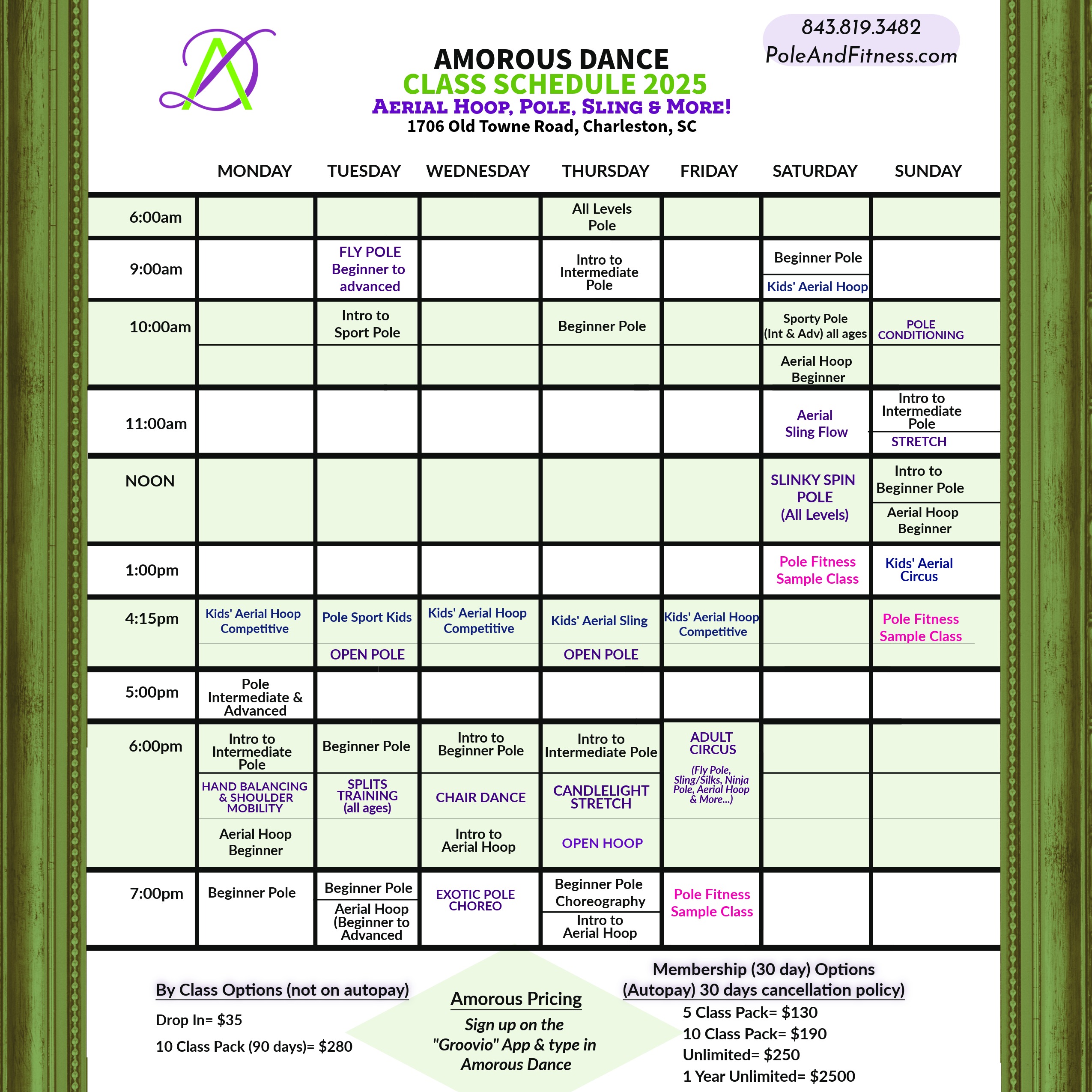 2024 Schedule for Amorous Dance Pole and Fitness Studio